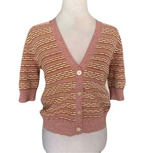 Veronica Beard Small Striped V-Neck Button Toyama Cardigan - Dusty Rose & Tan